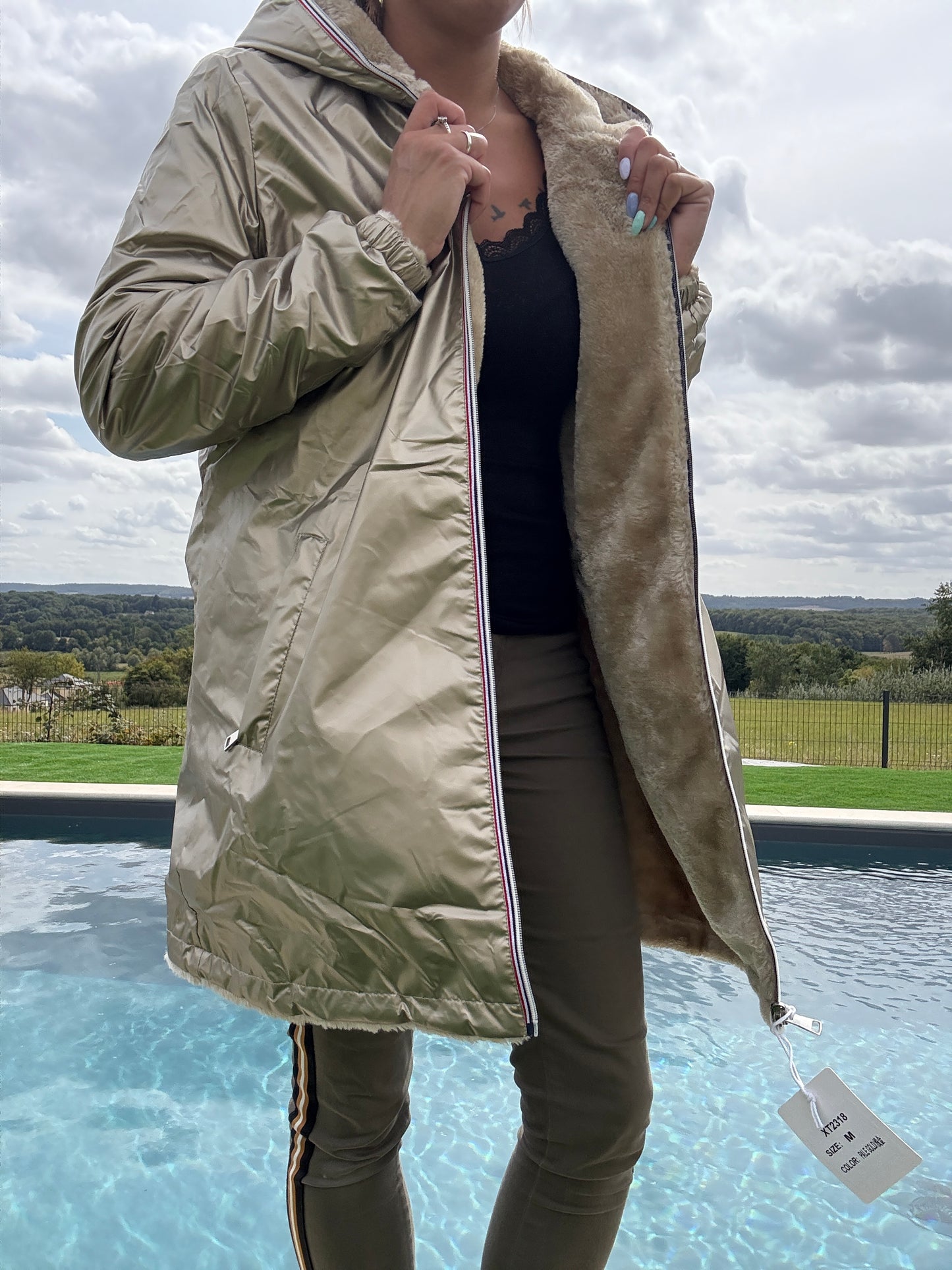New Lolo - Manteau long doré réversible imperméable fourré fausse fourrure - Curvy