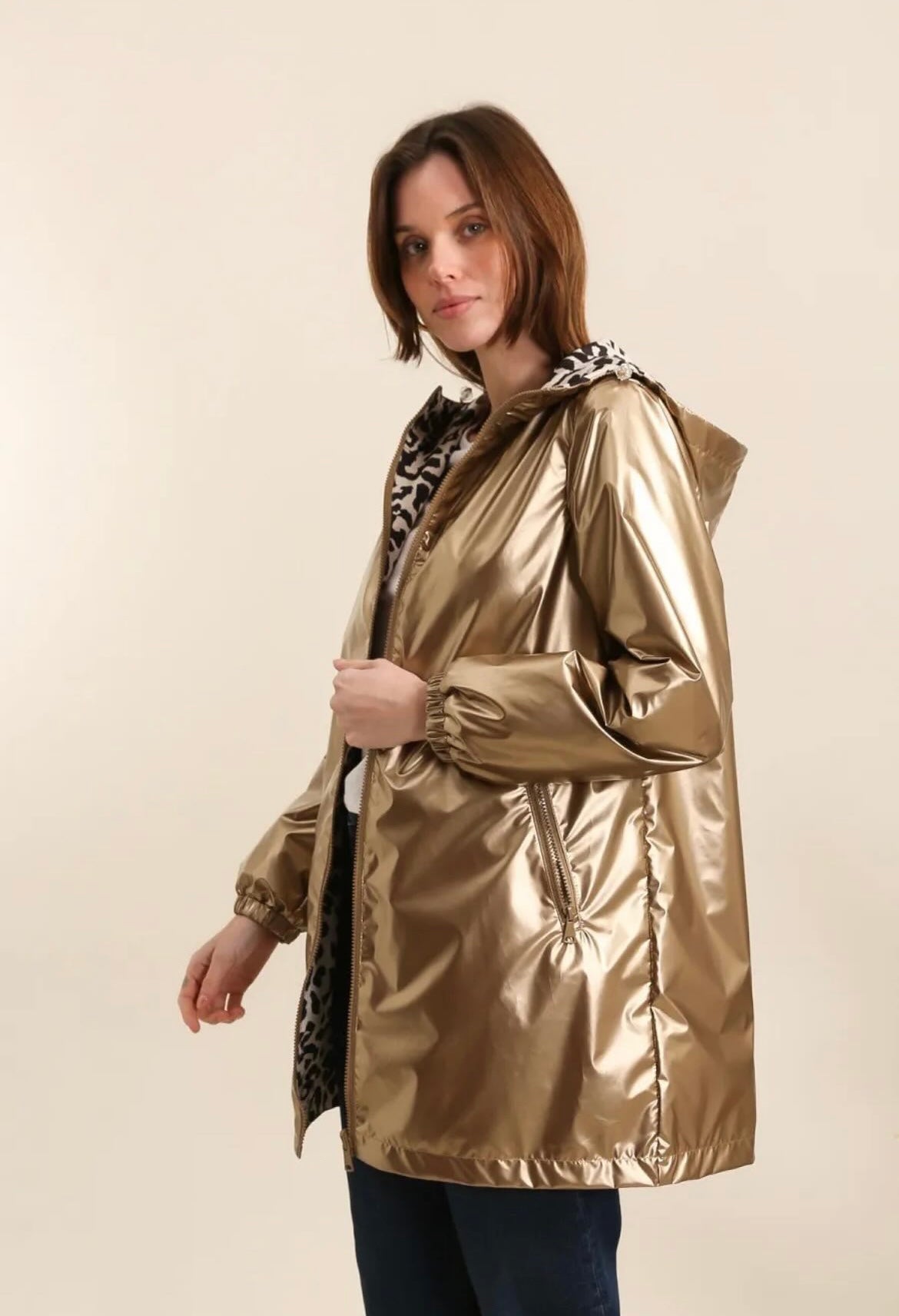 Attrait Paris - Manteau long sans ouate imperméable doré réversible avec motif léopard avec capuche