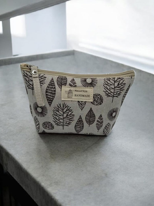 Trousse en coton blanche motifs de feuilles et de cercles en marron