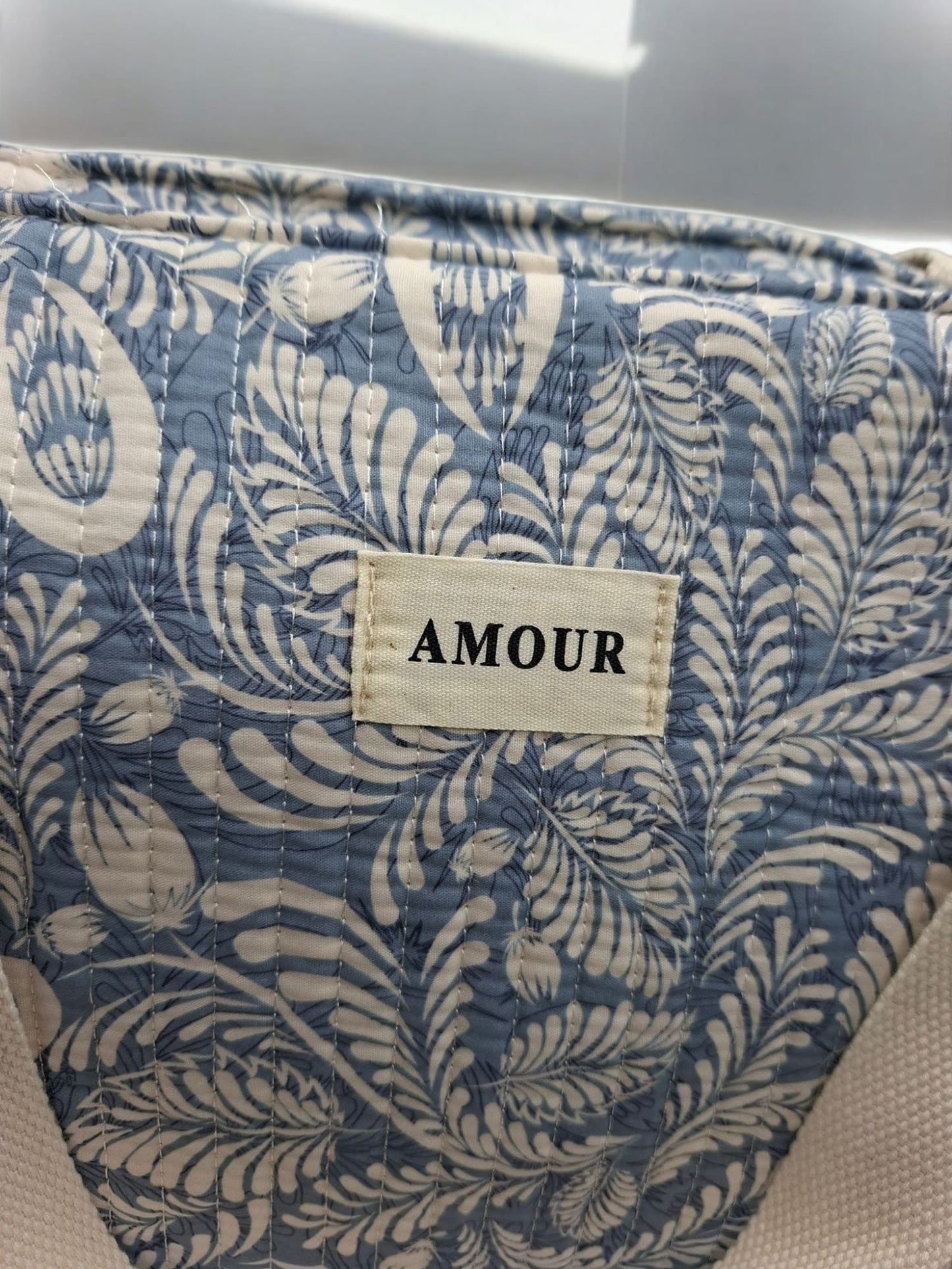 Sac cabas porté épaule coton imprimé toile de jouy feuilles bleues creme