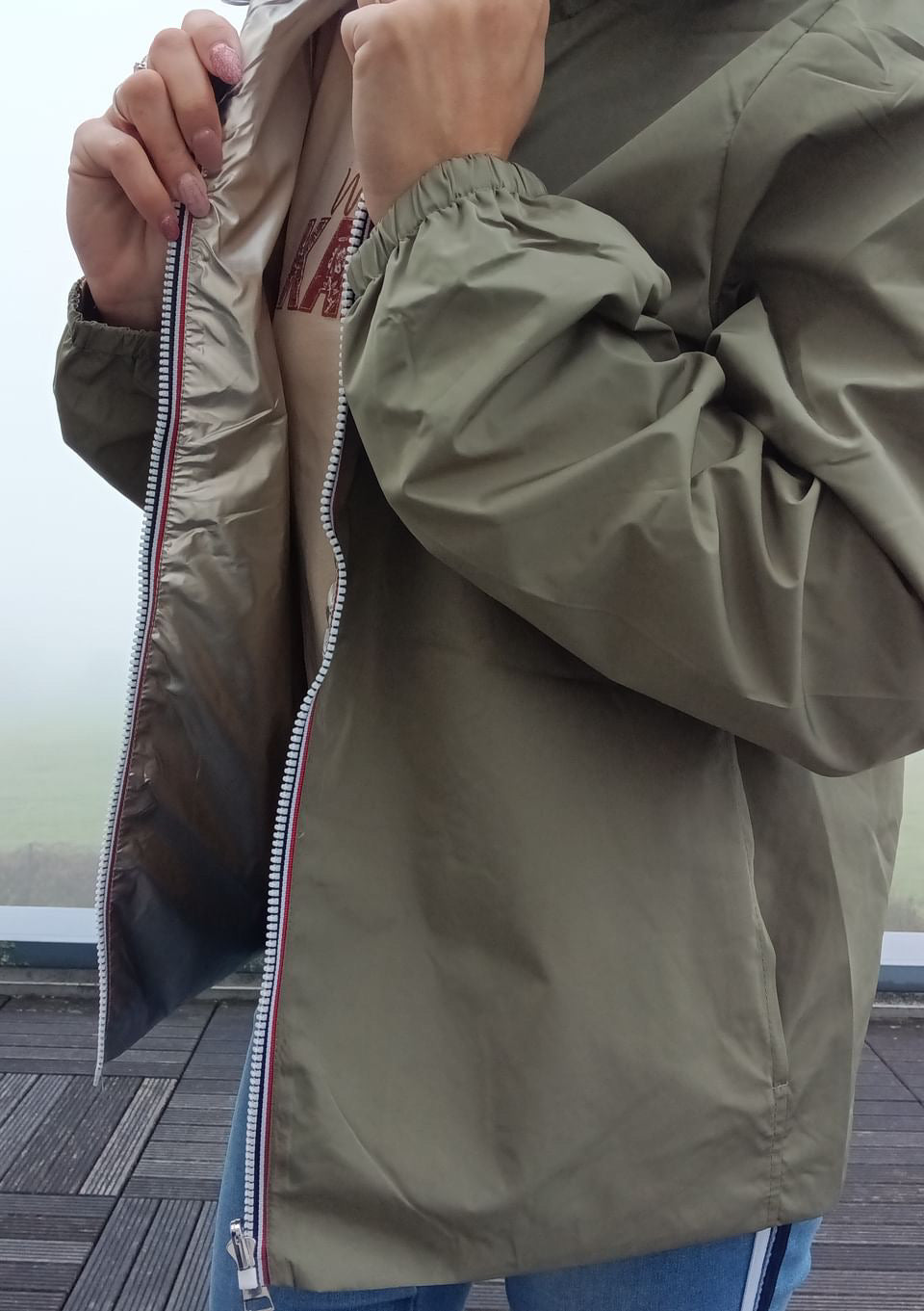 Melya Melody - Manteau court léger imperméable kaki réversible doré