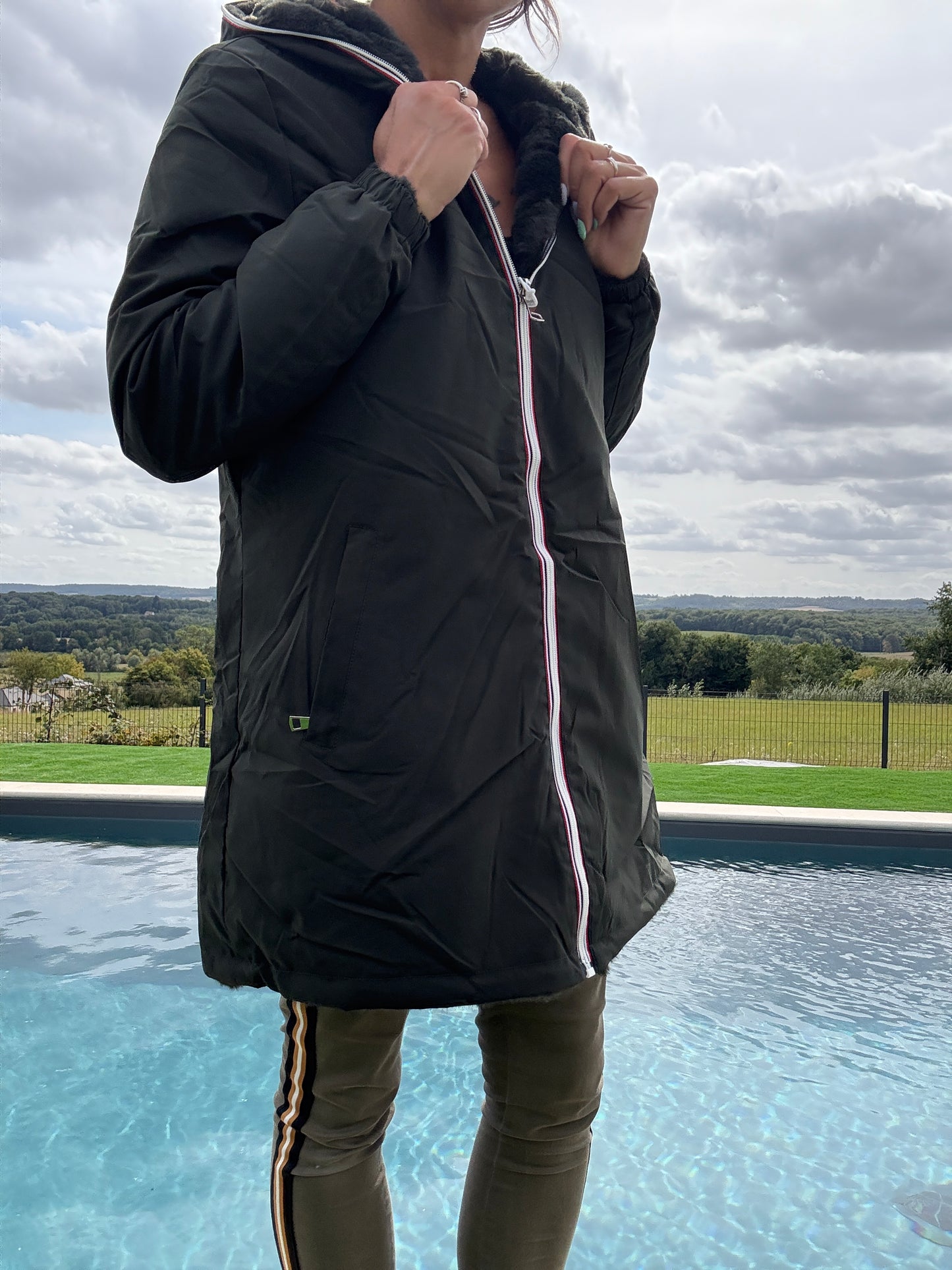 New Lolo - Manteau long kaki réversible imperméable fourré fausse fourrure