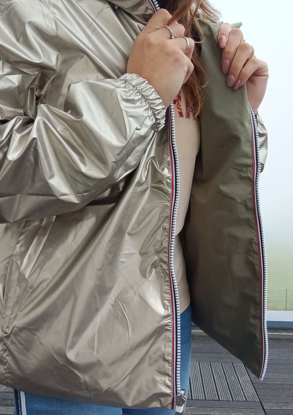 Melya Melody - Manteau court léger imperméable kaki réversible doré