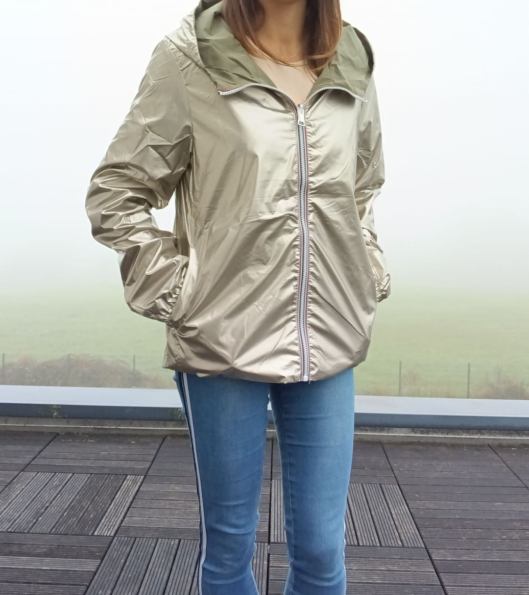 Melya Melody - Manteau court léger imperméable kaki réversible doré