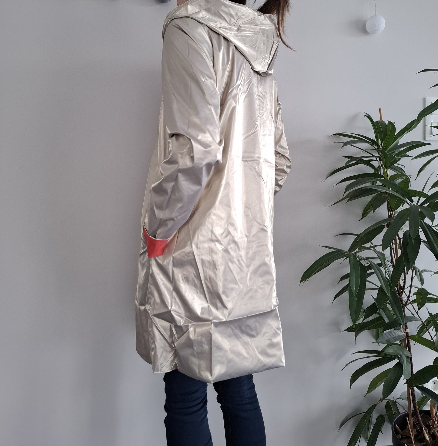 Laura Jo - Imperméable réversible long sans garnissage ouate couleur corail/doré
