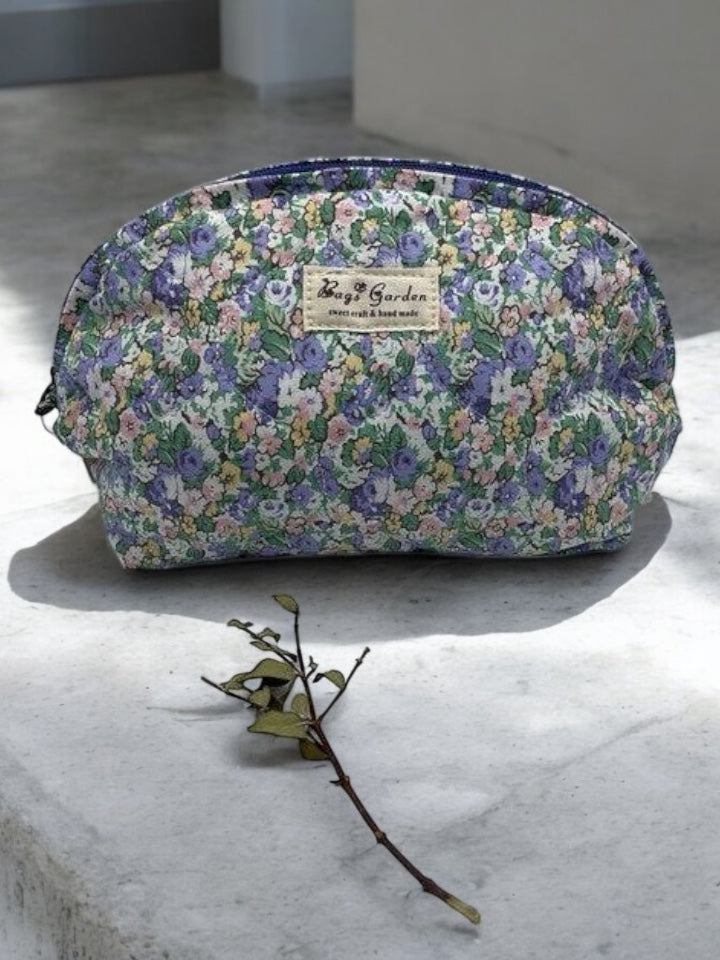 Trousse de toilette maquillage coton matelassé liberty violet parme et vert
