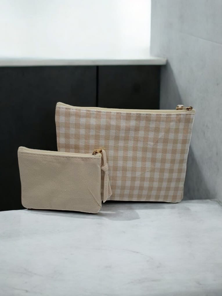 Pochette et trousse en coton vichy motifs à carreaux beige et crème