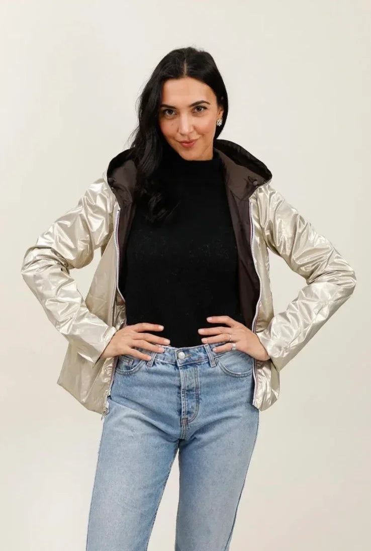 Laura Jo - Imperméable réversible court sans garnissage ouate mi-saison couleur marron chocolat/doré