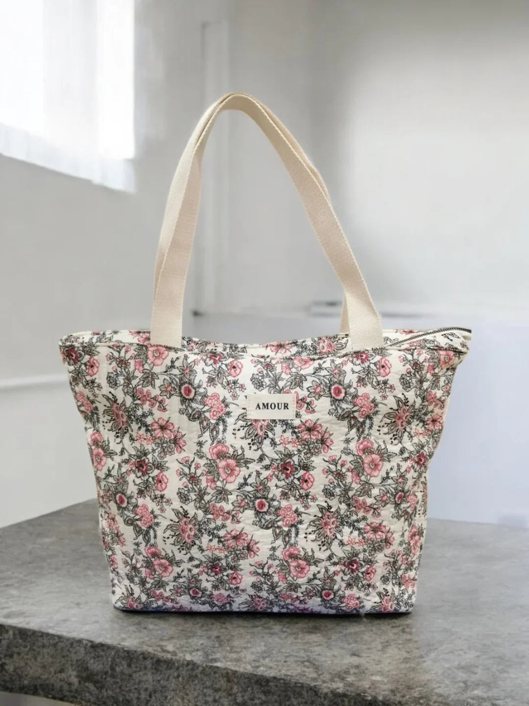Sac cabas porté épaule en coton liberty fleuri noir rose crème