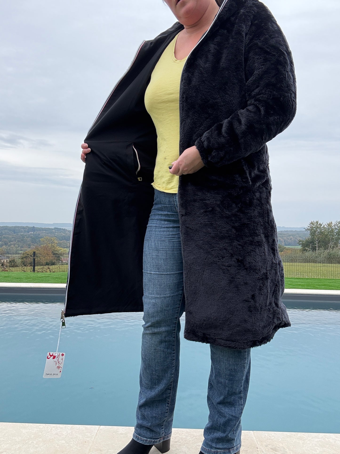New Lolo - Manteau chaud long hauteur genoux noir fourré complet réversible imperméable