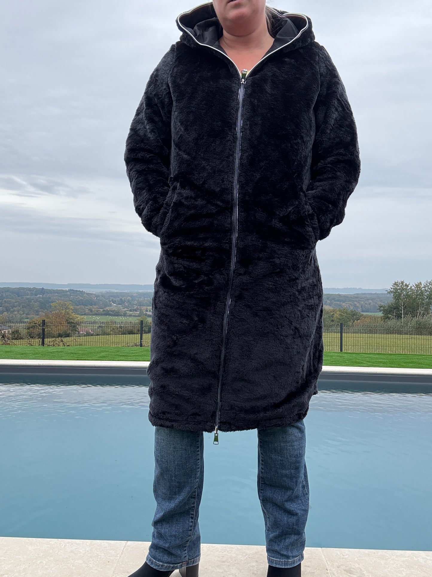New Lolo - Manteau chaud long hauteur genoux noir fourré complet réversible imperméable