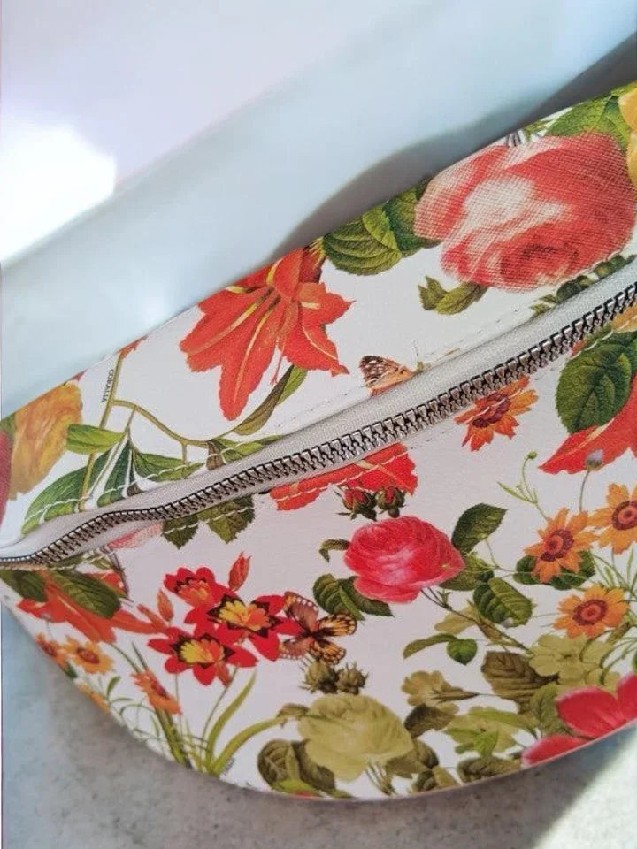 Colorful floral print belt bag with zipper, Le Petit Placard trendy accessory