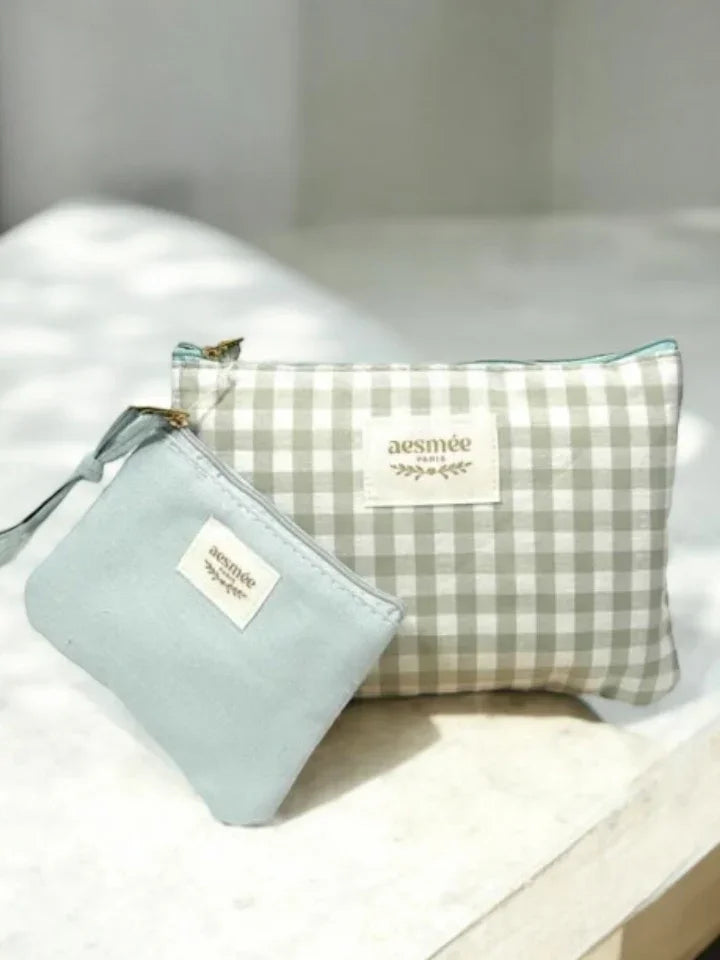 Pochette et trousse en coton vichy motifs à carreaux vert d'eau beige