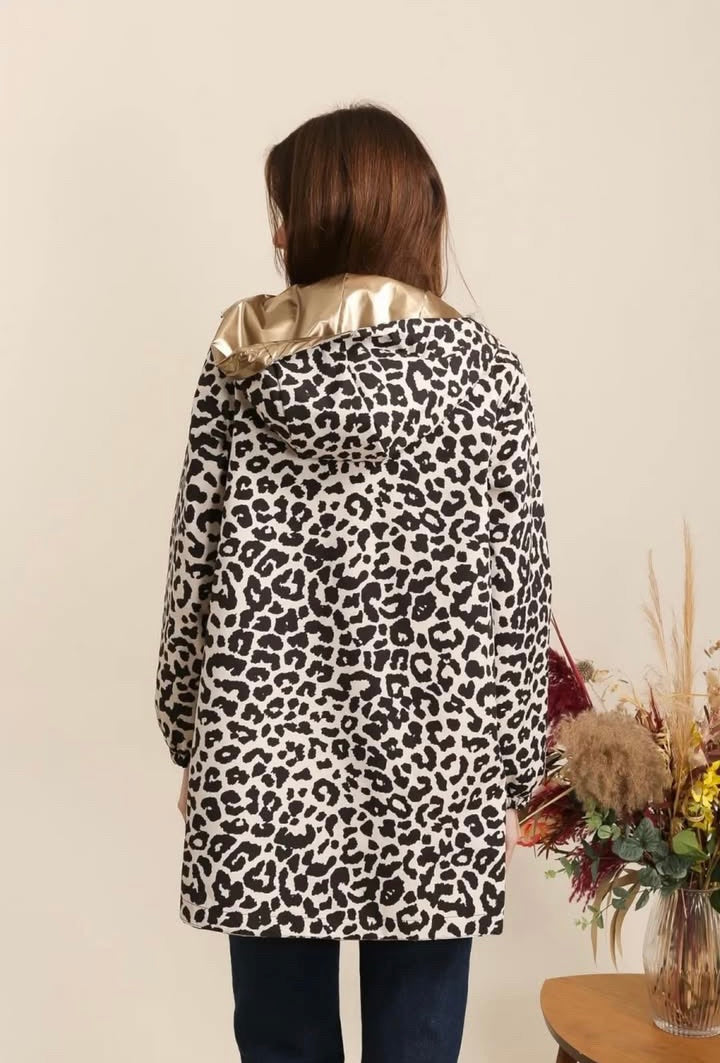 Attrait Paris - Manteau long sans ouate imperméable doré réversible avec motif léopard avec capuche