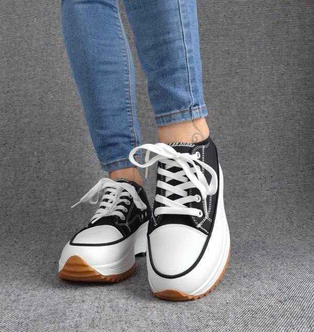 Chaussures baskets basses plate-forme toile noir et blanc