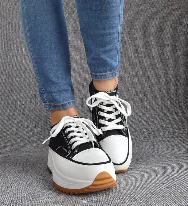 Chaussures baskets basses plate-forme toile noir et blanc