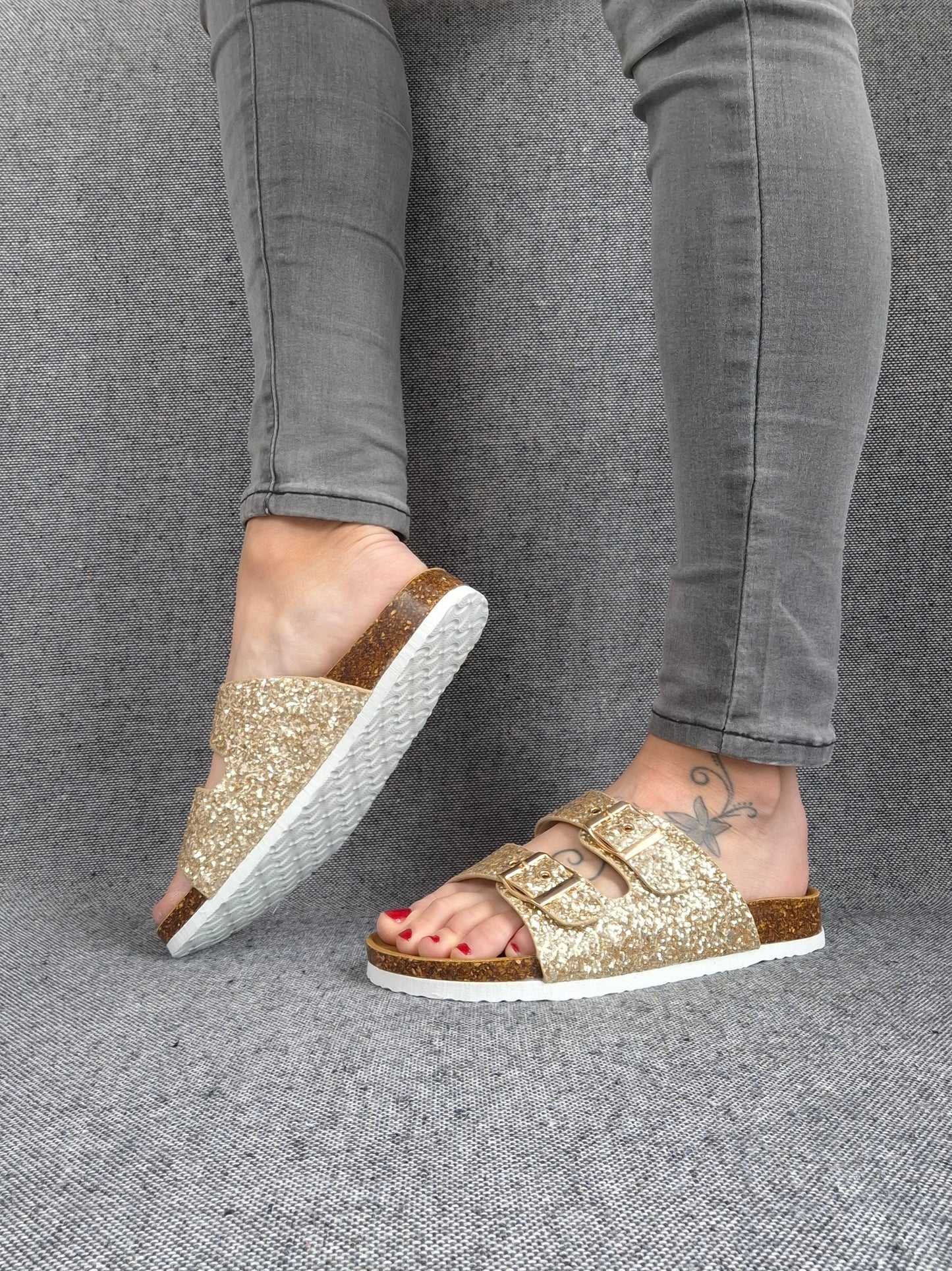 Chaussures sandales style Birk 2 brides doré pailleté