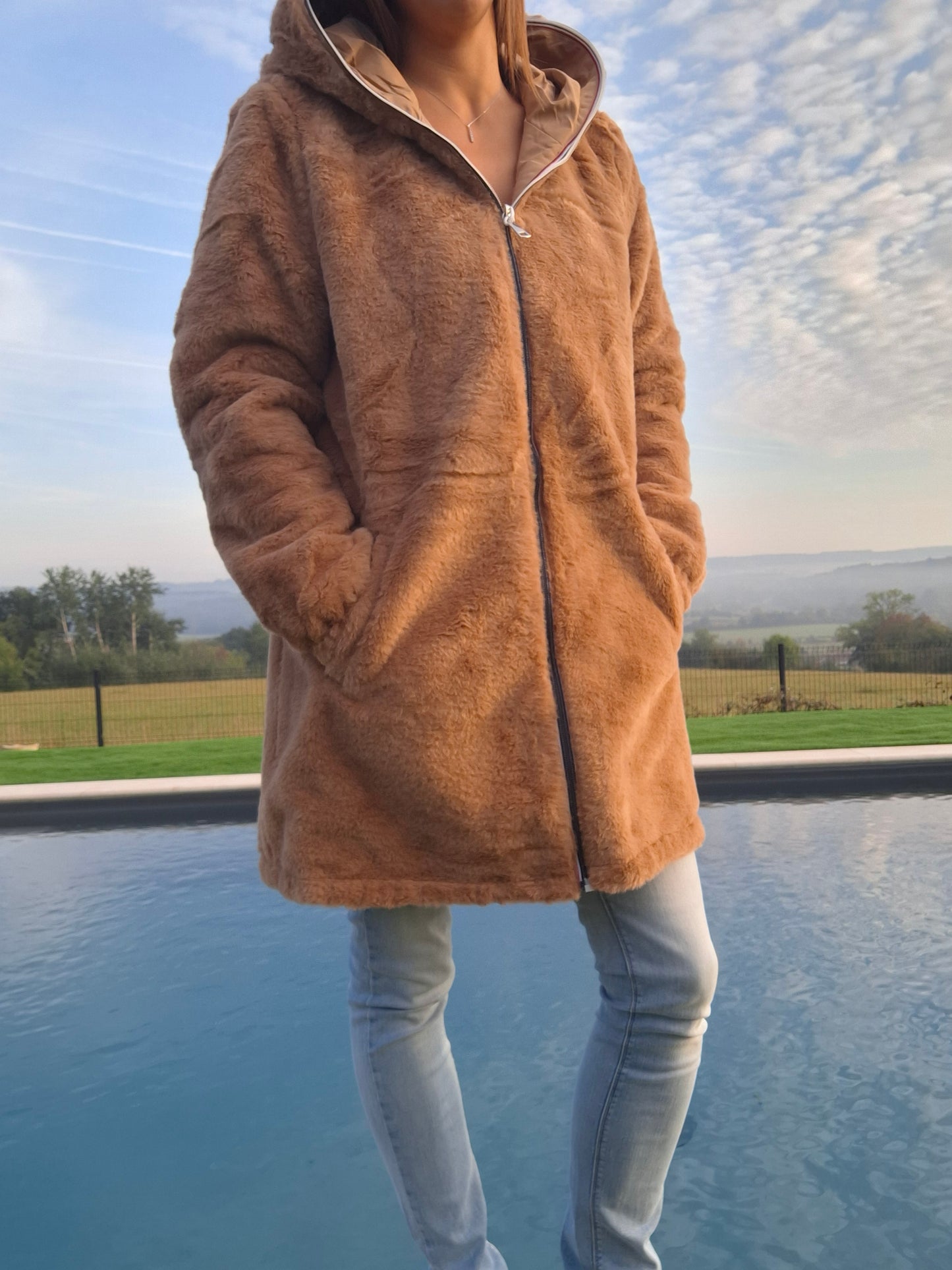 New Lolo - Manteau long camel clair fourré complet réversible imperméable