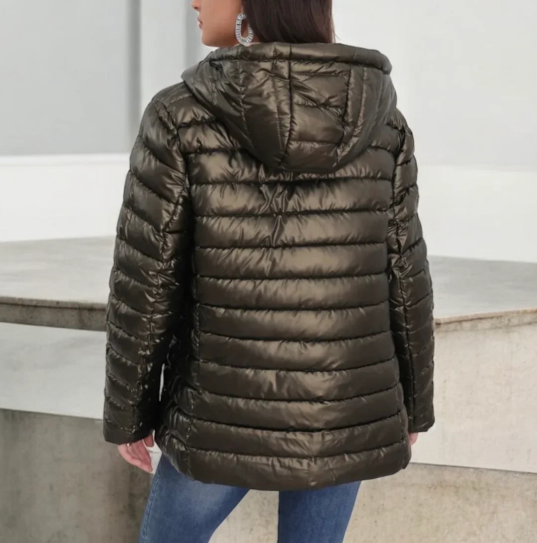 Melya Melody - Manteau court marron/kaki réversible et imperméable matelassé kaki brillant