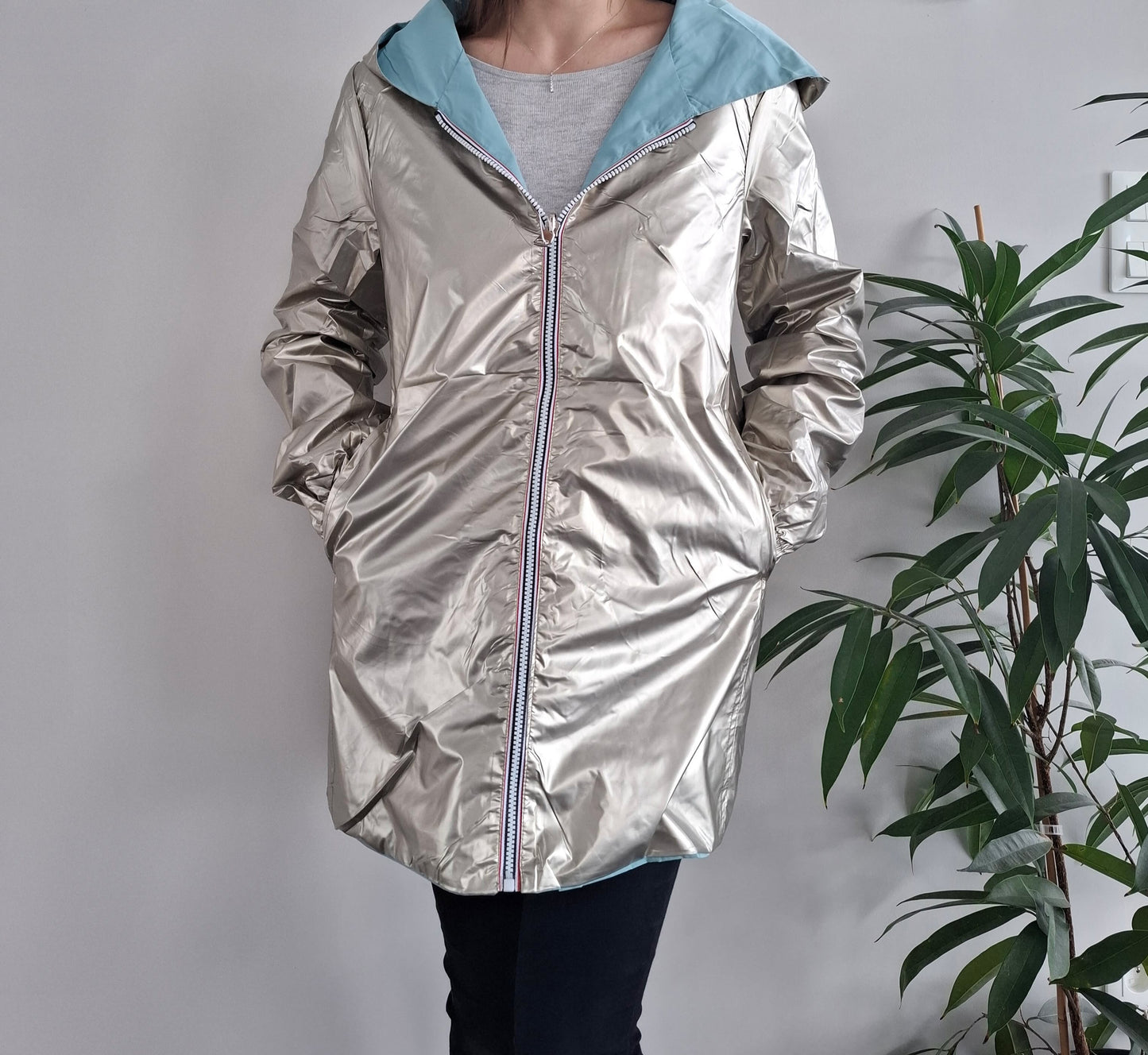 Melya Melody - Imperméable réversible mi-long sans garnissage ouate couleur bleu ciel/doré