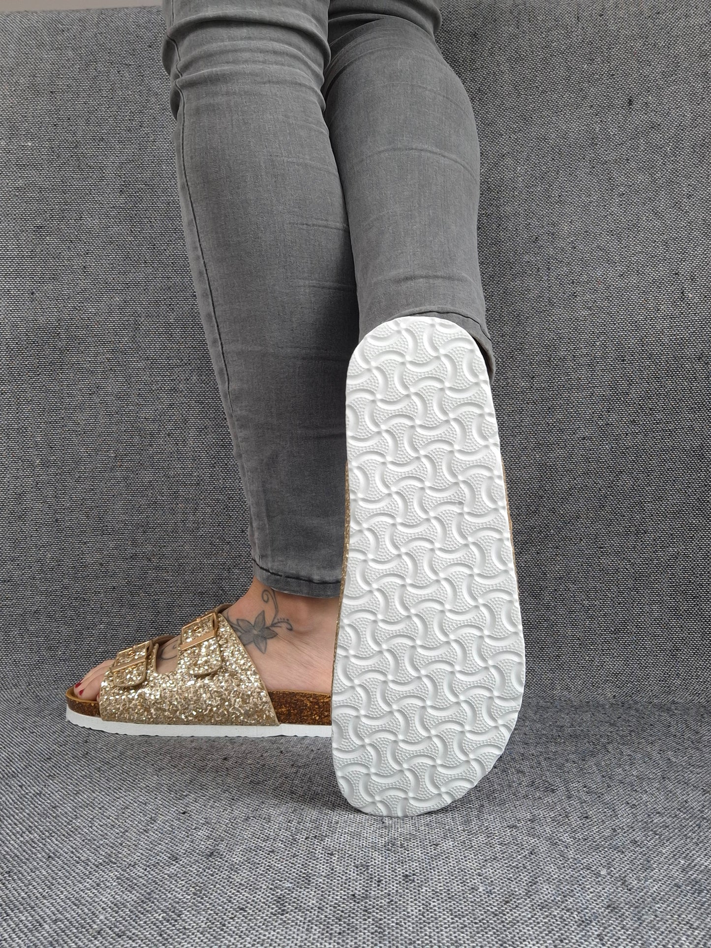 Chaussures sandales style Birk 2 brides doré pailleté