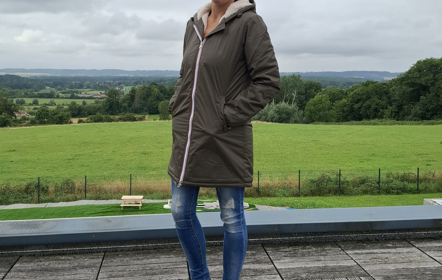 Laura Jo - Imperméable fourré long fausse fourrure kaki intérieur sherpa beige