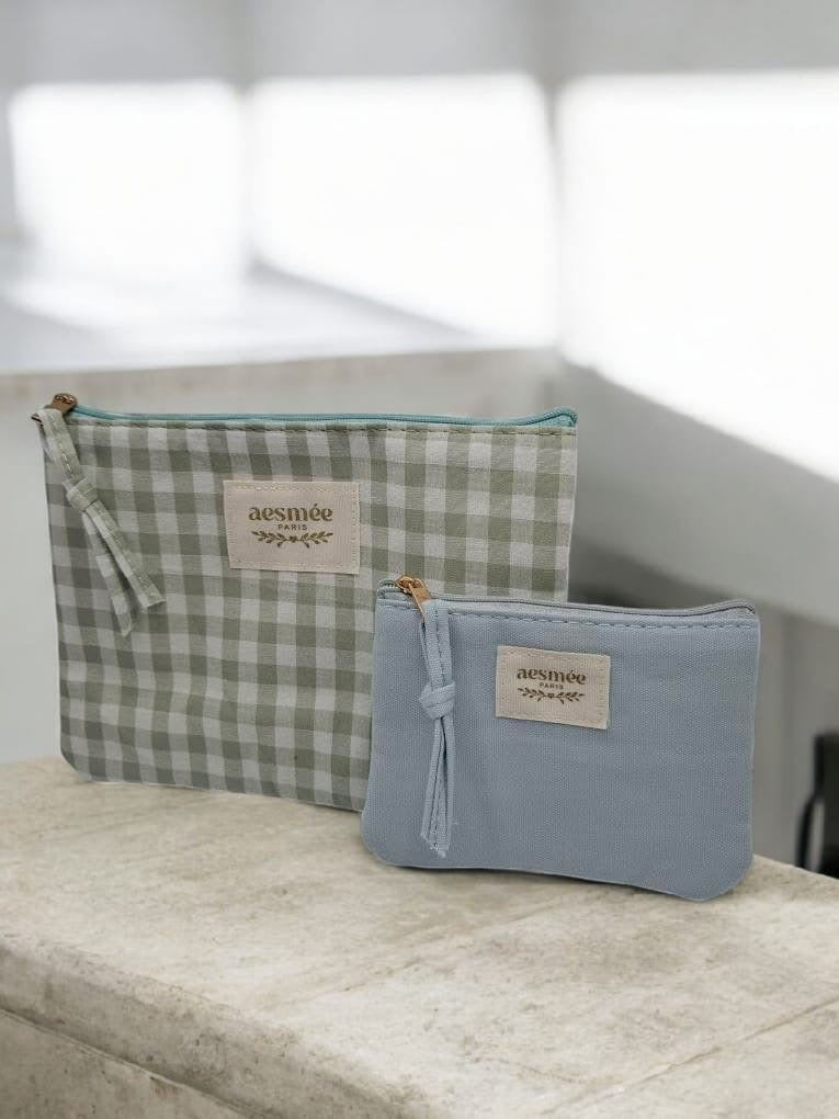 Pochette et trousse en coton vichy motifs à carreaux vert d'eau beige