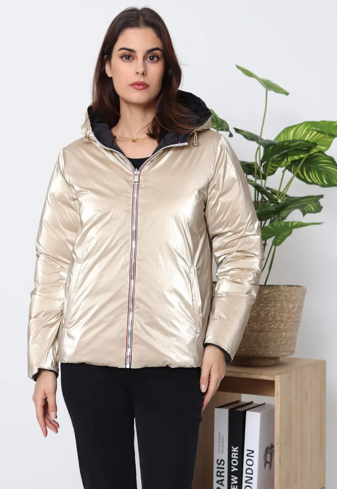 Doudoune manteau imperméable court réversible matelassé noir doré