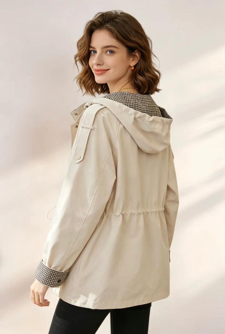 Imperméable Femme à Capuche Pied-de-Poule – Coupe Cintrée Cordon, Veste Légère Beige Printemps Automne