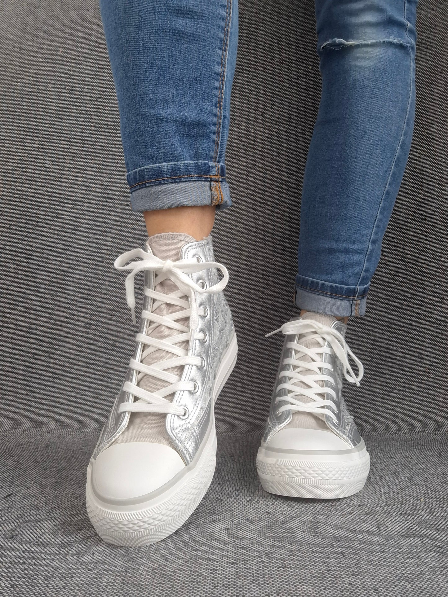 Chaussures baskets hautes en tweed argenté style converse