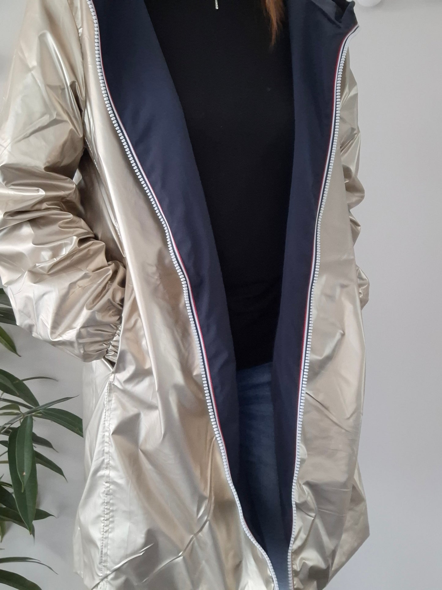 Melya Melody - Manteau léger long réversible imperméable bleu marine doré Curvy