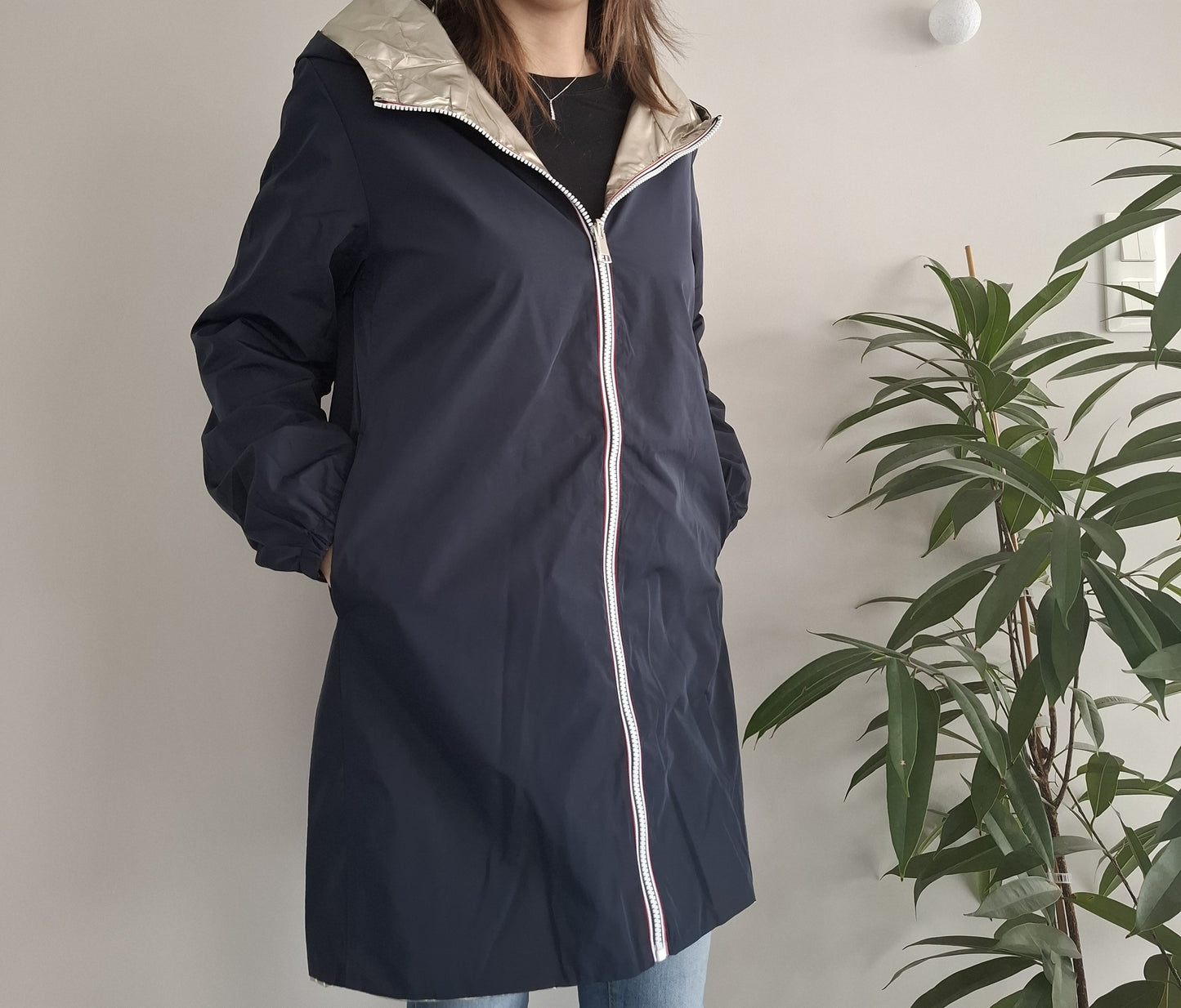 Melya Melody - Manteau léger long réversible imperméable bleu marine doré Curvy