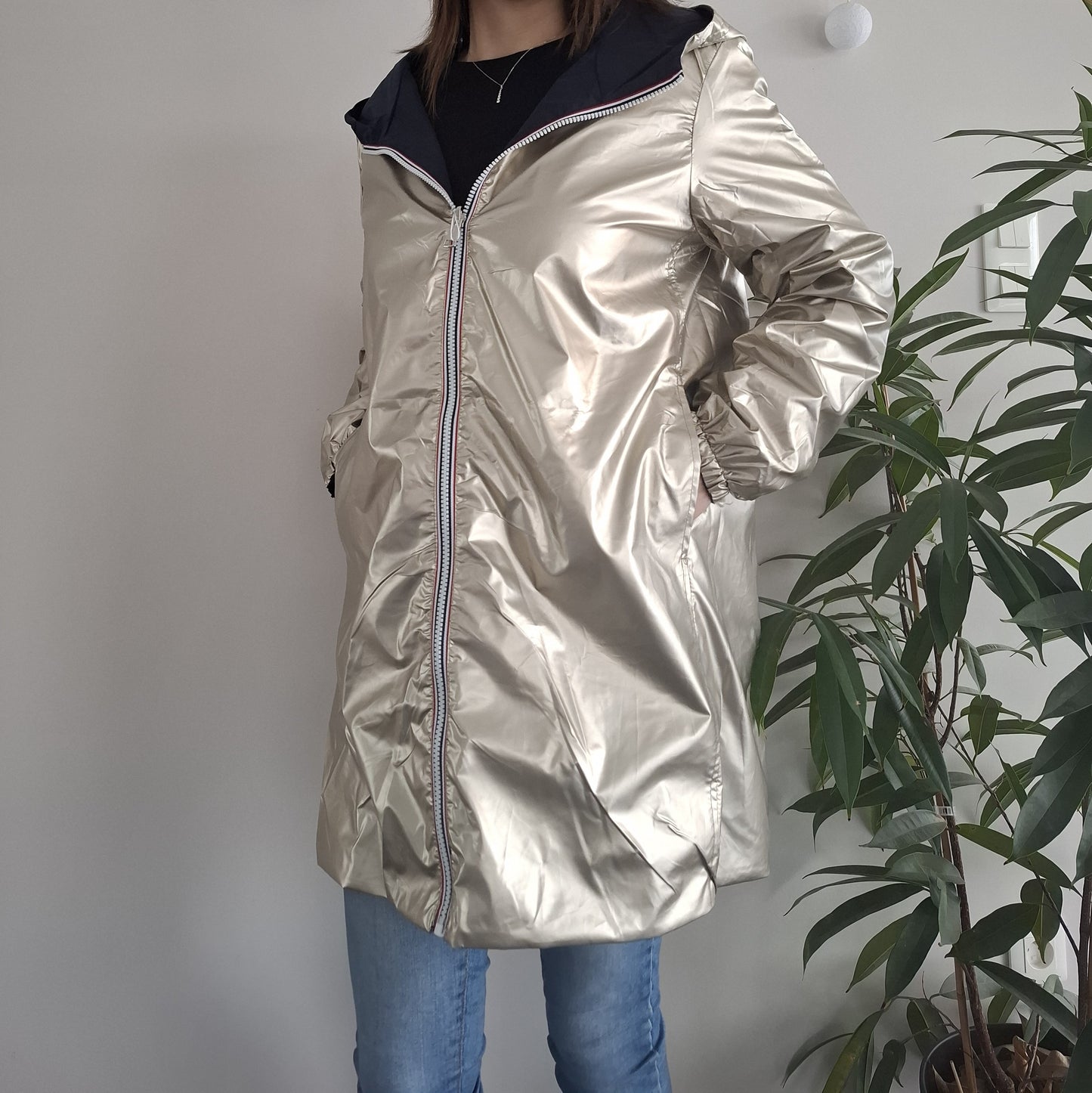 Melya Melody - Manteau léger long réversible imperméable bleu marine doré Curvy