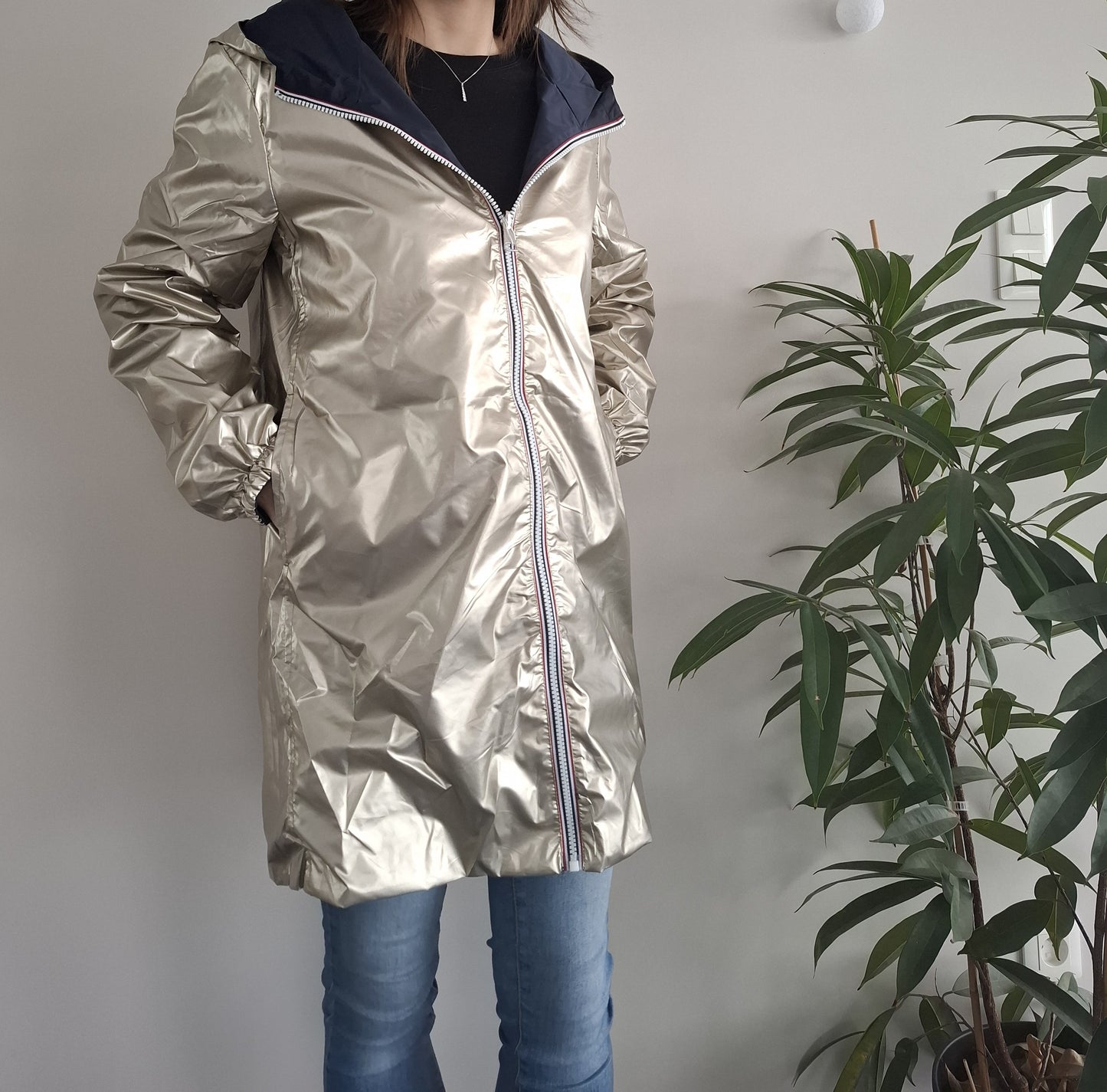 Melya Melody - Manteau léger long réversible imperméable bleu marine doré Curvy