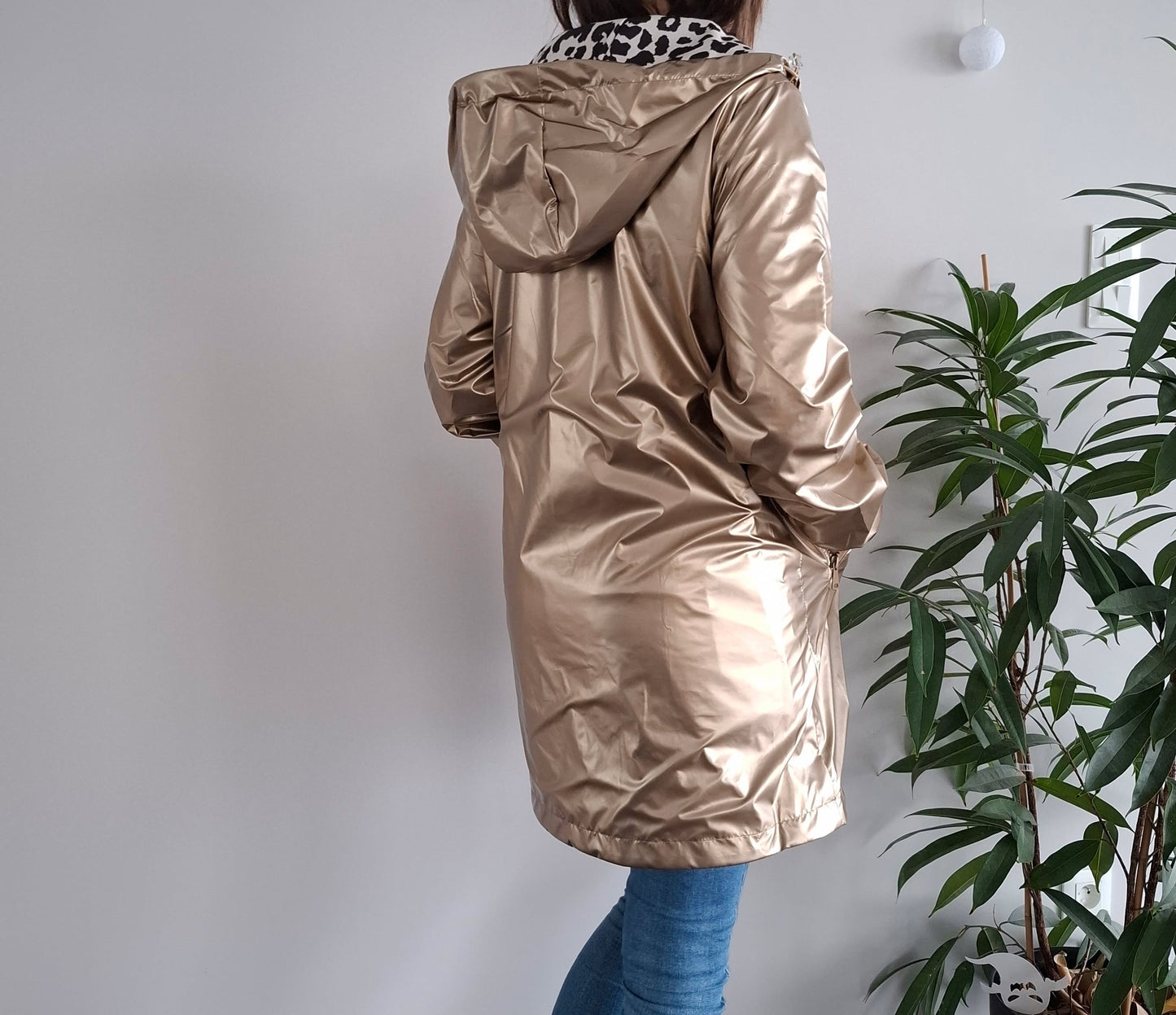 Attrait Paris - Manteau long sans ouate imperméable doré réversible avec motif léopard avec capuche