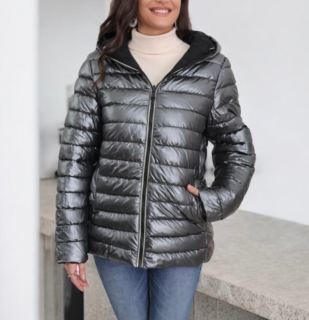 Melya Melody - Manteau court noir réversible et imperméable matelassé argenté brillant