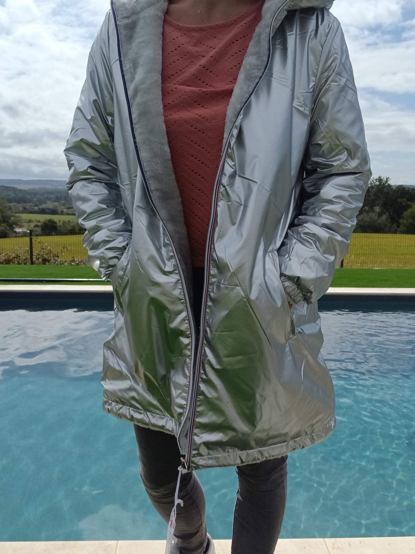 New Lolo - Manteau long argenté réversible imperméable fourré fausse fourrure