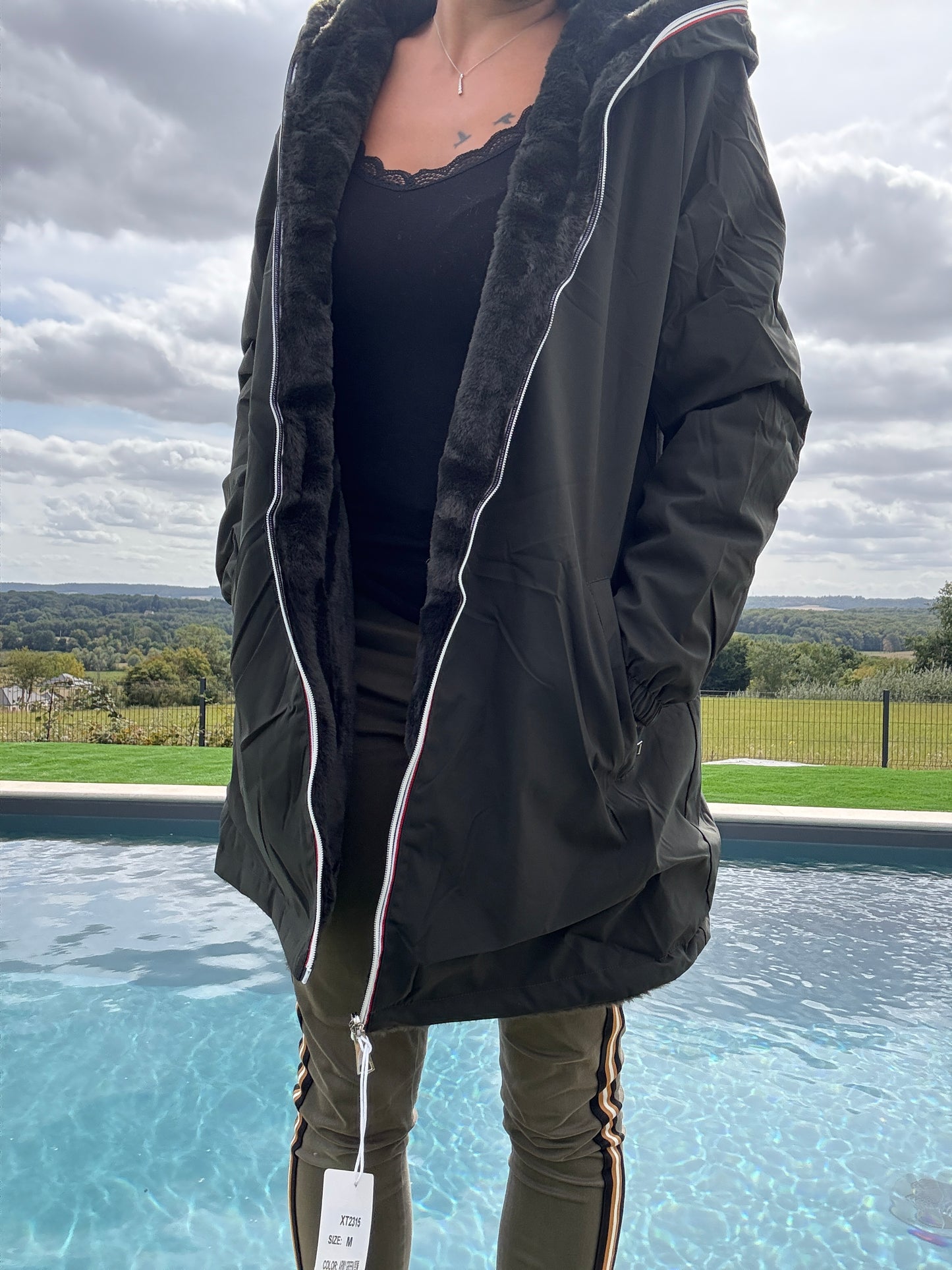 New Lolo - Manteau long kaki réversible imperméable fourré fausse fourrure