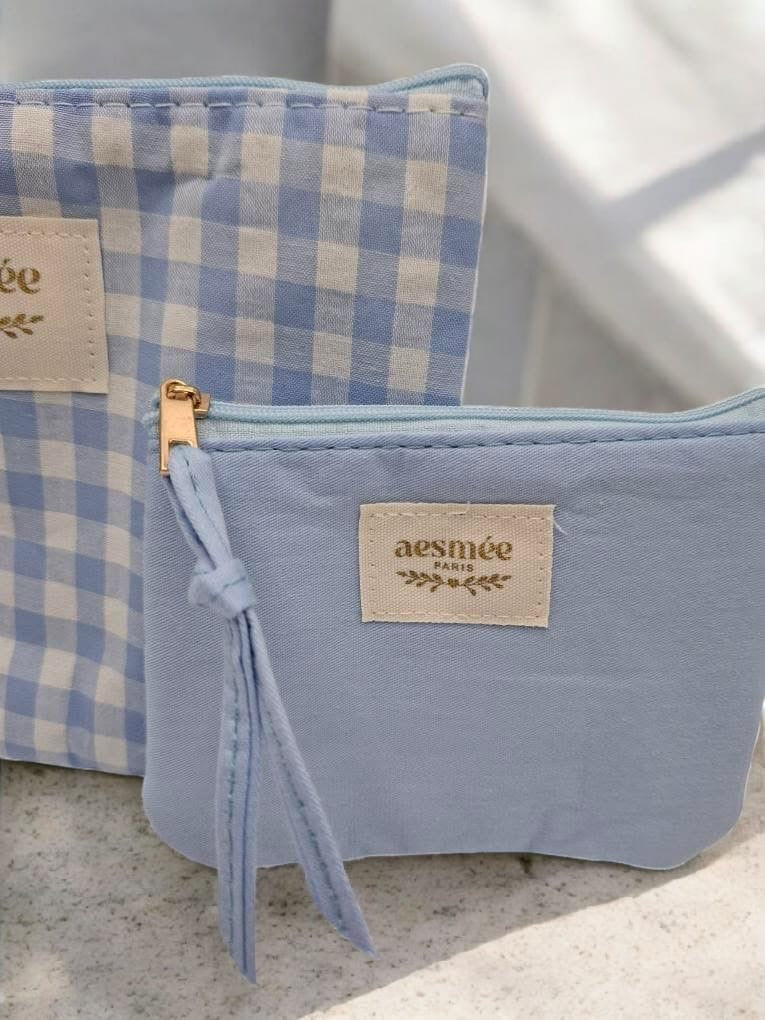 Pochette et trousse en coton vichy motifs à carreaux bleu et crème