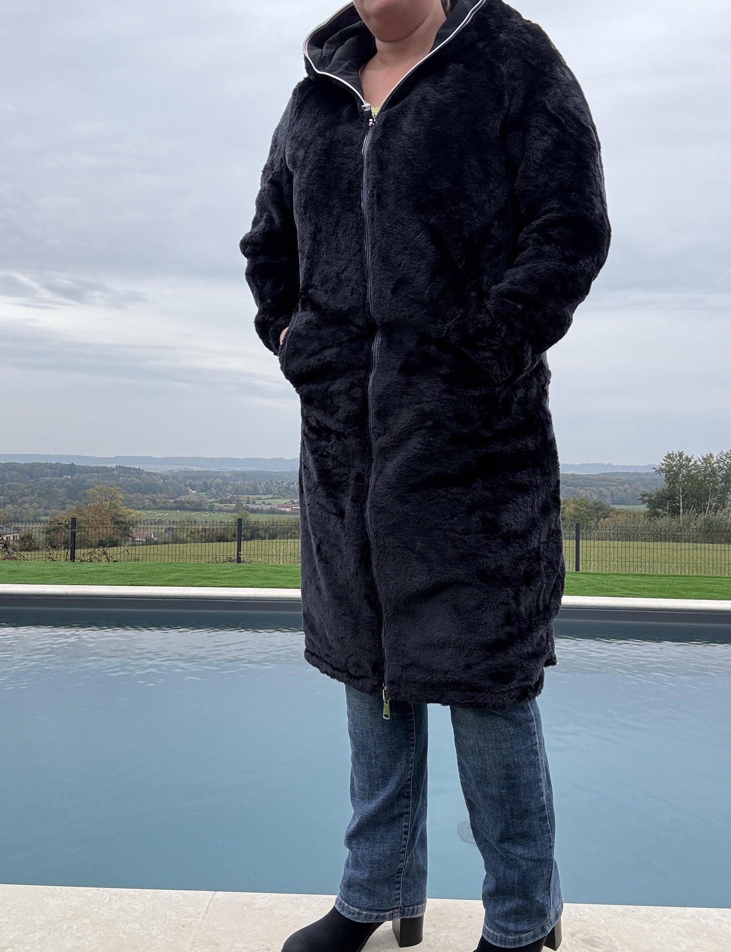 New Lolo - Manteau chaud long hauteur genoux noir fourré complet réversible imperméable