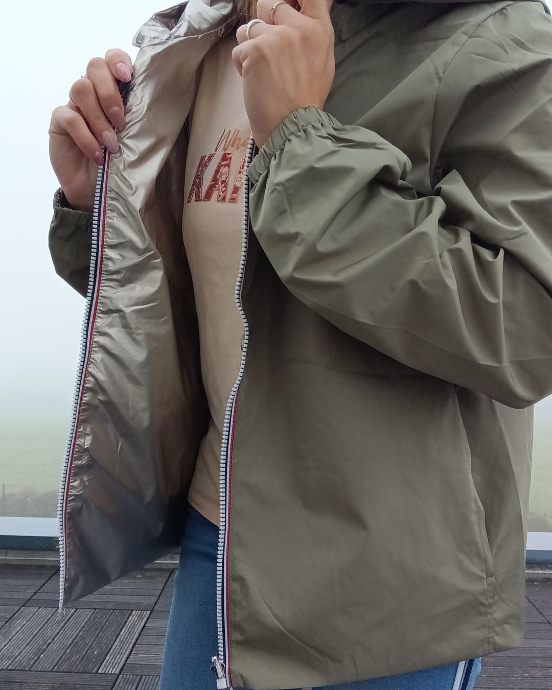 Melya Melody - Manteau court léger imperméable kaki réversible doré