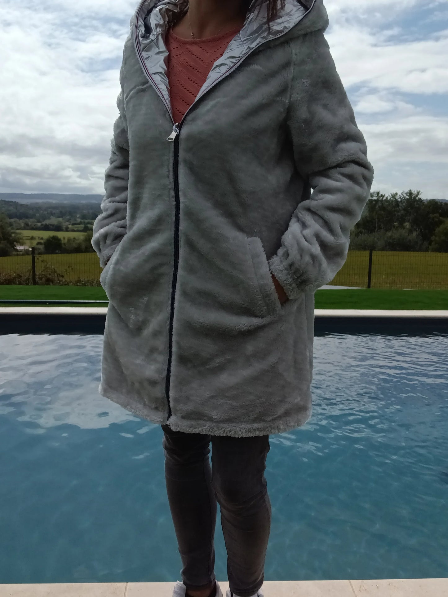 New Lolo - Manteau long argenté réversible imperméable fourré fausse fourrure