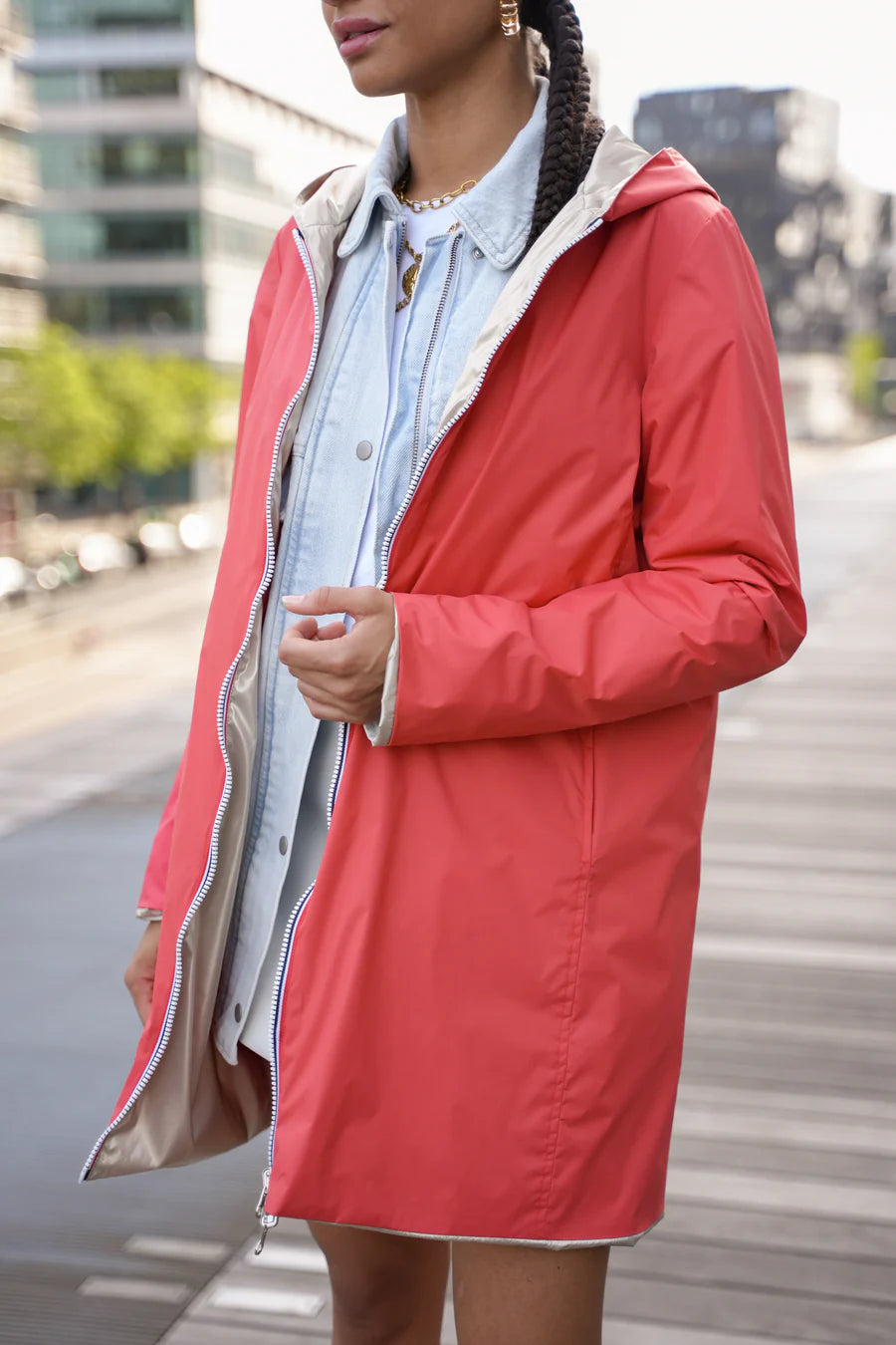 Laura Jo - Imperméable réversible long sans garnissage ouate couleur corail/doré