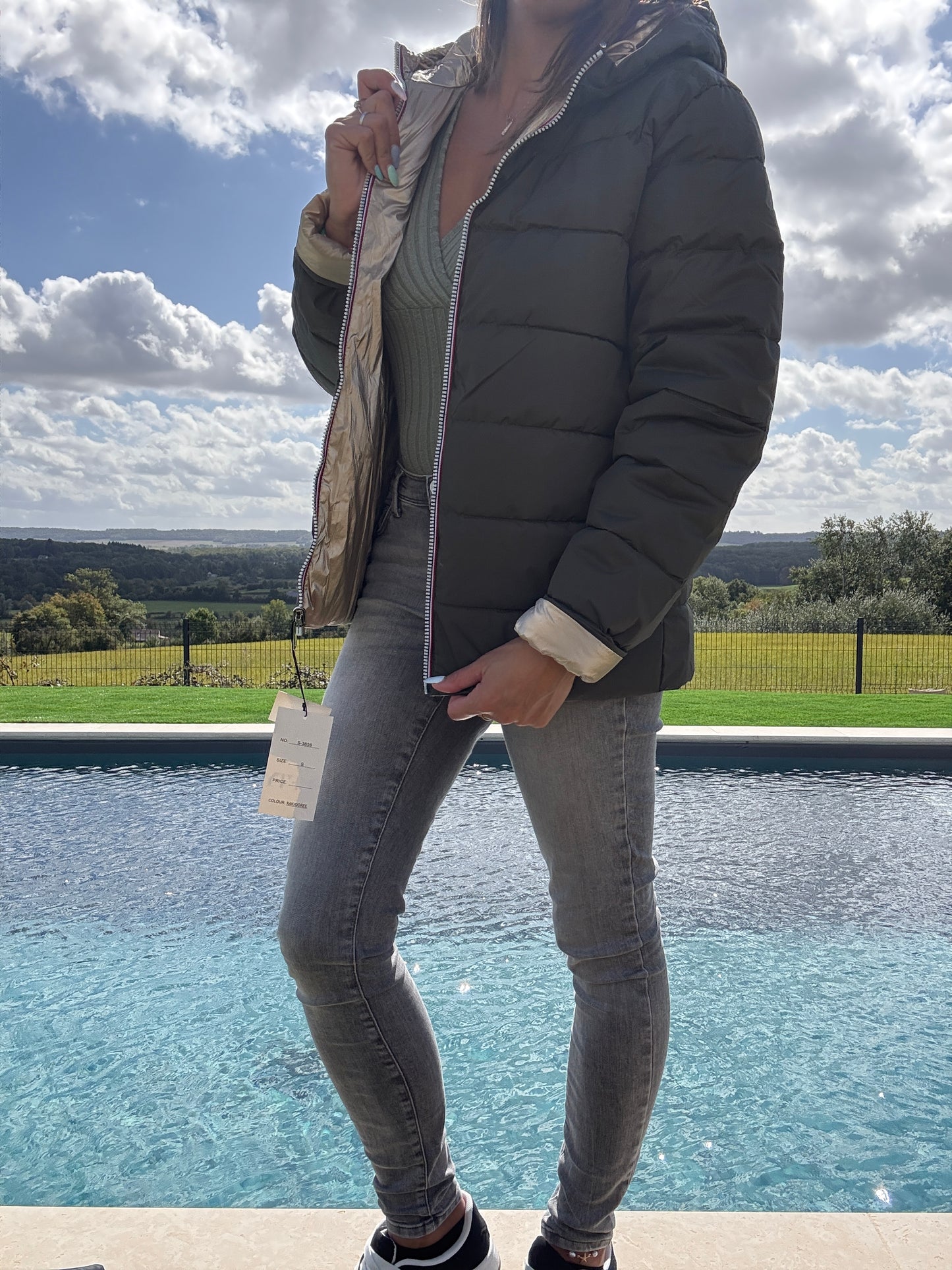 Doudoune manteau imperméable court réversible matelassé kaki doré