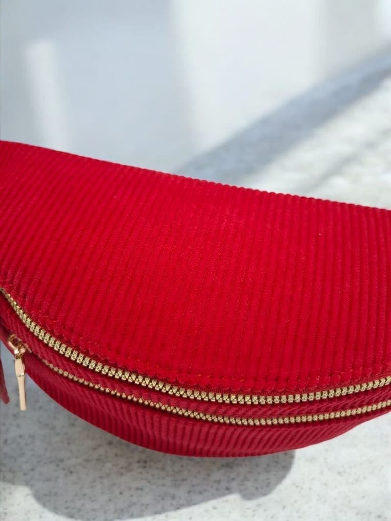 Sac banane velours côtelé 2 poches rouge sangle fantaisie