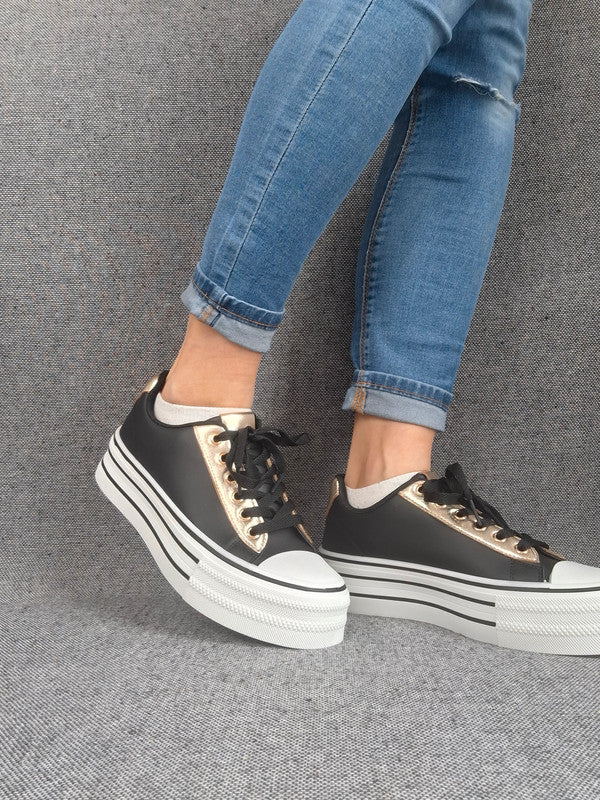 Chaussures baskets basses semelle compensée simili noir style converse