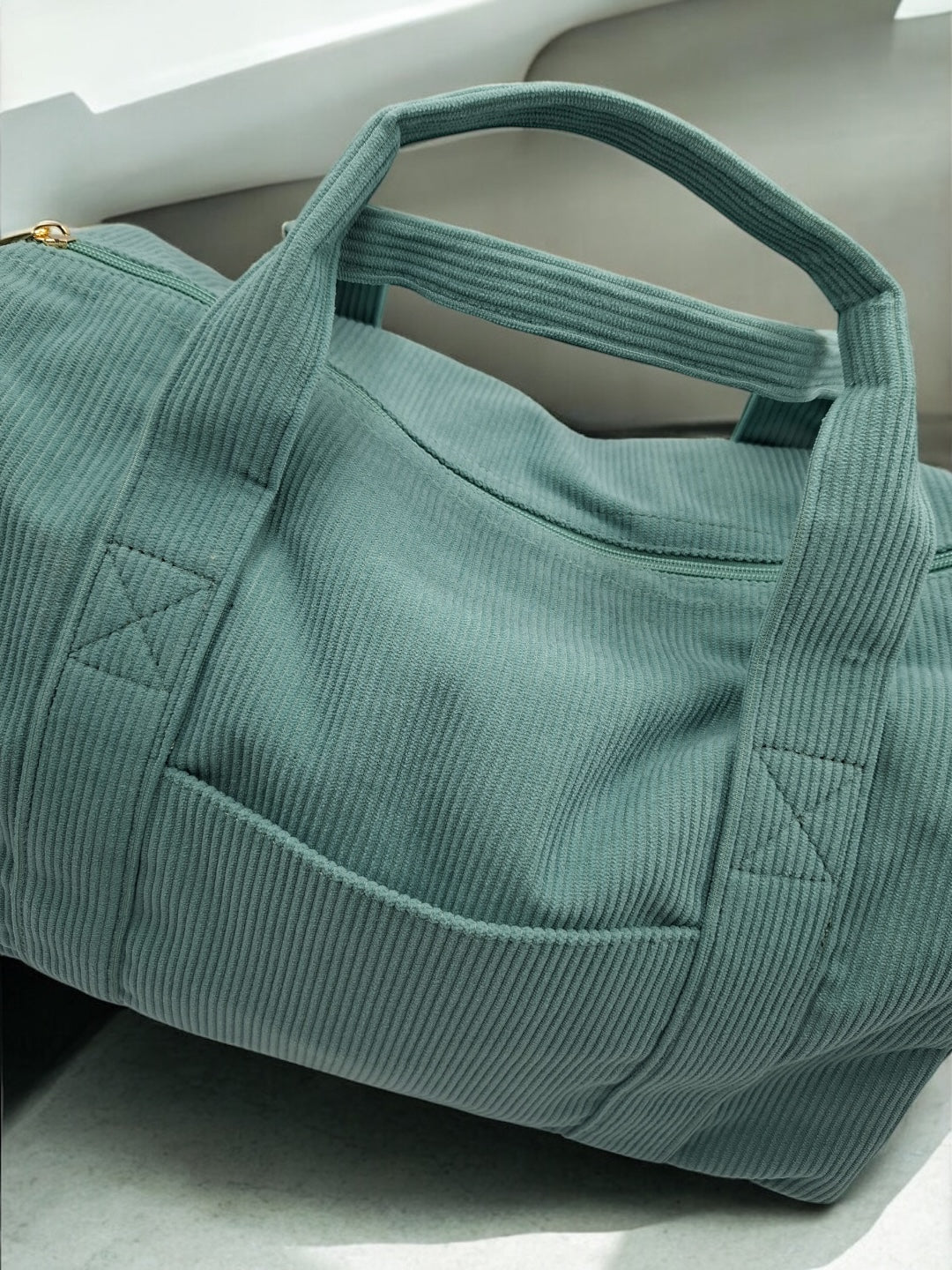 Sac week-end polochon vert d'eau bleu effet velours cotelé avec sangle unie