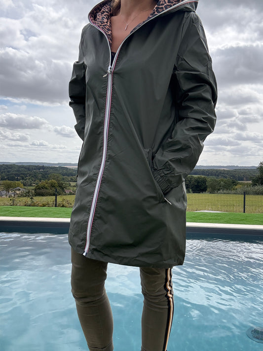 New Lolo - Imperméable réversible long sans garnissage ouate couleur kaki/léopard