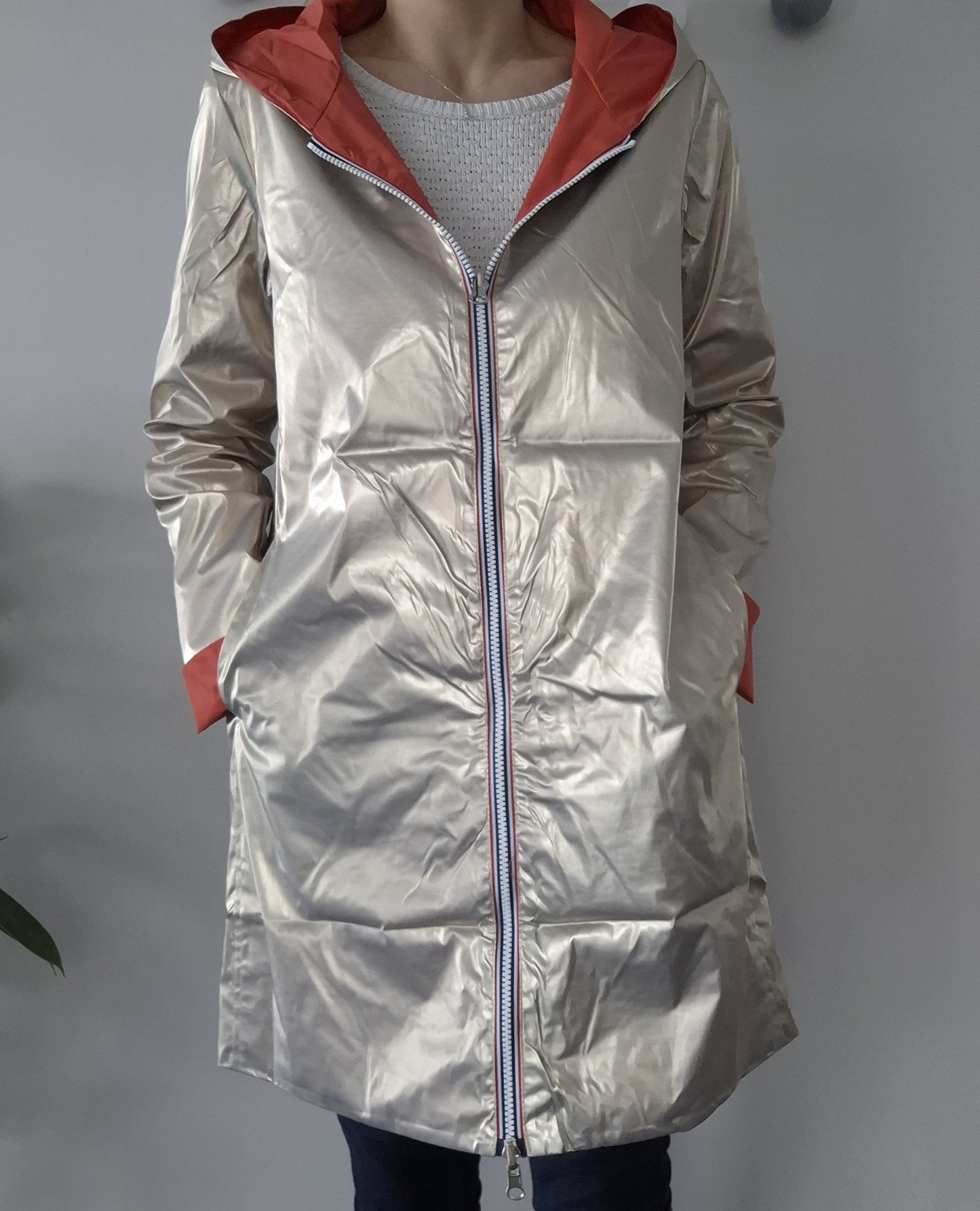 Laura Jo - Imperméable réversible long sans garnissage ouate couleur corail/doré
