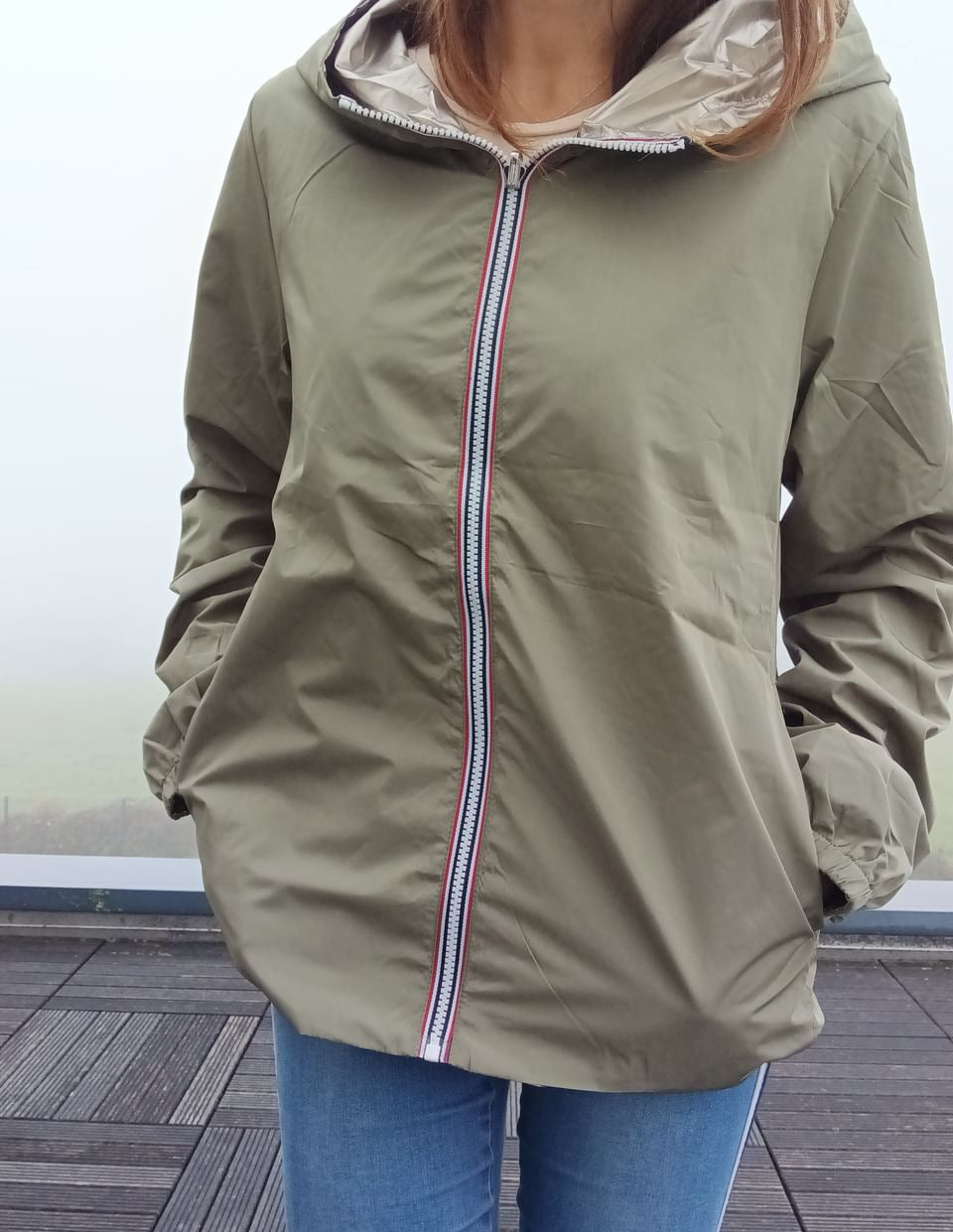 Melya Melody - Manteau court léger imperméable kaki réversible doré